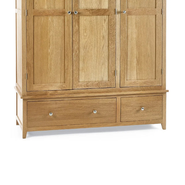 Julian Bowen Mallory 3 Door Oak Wardrobe with 2 Drawers – Solid Oak & Oak Veneers Bedroom Storage - Sleek Furniture