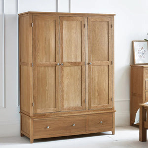 Julian Bowen Mallory 3 Door Oak Wardrobe with 2 Drawers – Solid Oak & Oak Veneers Bedroom Storage - Sleek Furniture