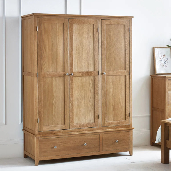 Julian Bowen Mallory 3 Door Oak Wardrobe with 2 Drawers – Solid Oak & Oak Veneers Bedroom Storage - Sleek Furniture