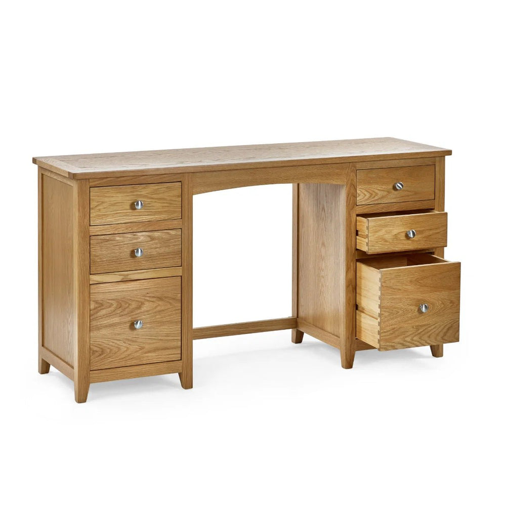 Julian Bowen Mallory Solid Oak 6 Drawer Dressing Table with Grey Padded Stool – Oak Veneer Bedroom Vanity Set - Sleek Furniture