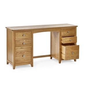 Julian Bowen Mallory Solid Oak 6 Drawer Dressing Table with Grey Padded Stool – Oak Veneer Bedroom Vanity Set - Sleek Furniture
