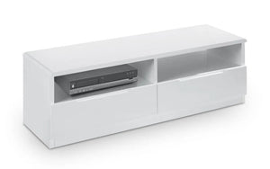 Julian Bowen Manhattan 2 Drawer Media Unit – White High Gloss TV Stand with Open Shelving Storage - Sleek Furniture