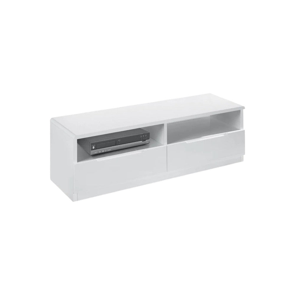 Julian Bowen Manhattan 2 Drawer Media Unit – White High Gloss TV Stand with Open Shelving Storage - Sleek Furniture
