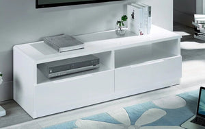 Julian Bowen Manhattan 2 Drawer Media Unit – White High Gloss TV Stand with Open Shelving Storage - Sleek Furniture