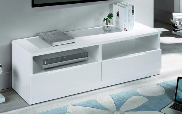 Julian Bowen Manhattan 2 Drawer Media Unit – White High Gloss TV Stand with Open Shelving Storage - Sleek Furniture