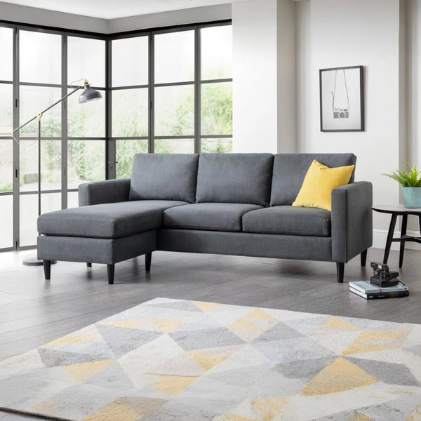 Julian Bowen Marant Modular Corner Sofa in Forge Grey Linen Fabric with Reversible Chaise & Ottoman - Sleek Furniture