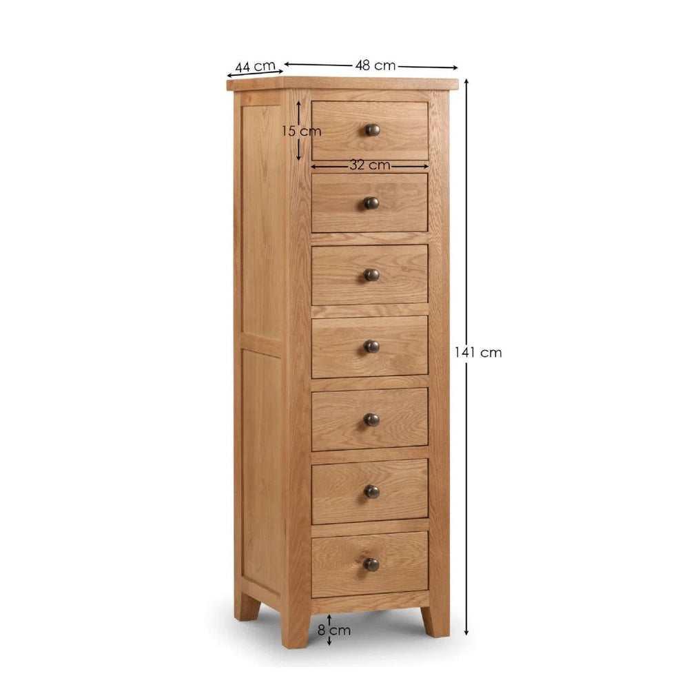 Julian Bowen Marlborough Oak 7 Drawer Narrow Chest – Solid White Oak & Oak Veneers, Waxed Finish Bedroom Storage Unit - Sleek Furniture