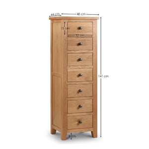 Julian Bowen Marlborough Oak 7 Drawer Narrow Chest – Solid White Oak & Oak Veneers, Waxed Finish Bedroom Storage Unit - Sleek Furniture