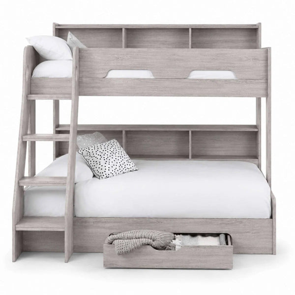 Julian Bowen Orion Triple Sleeper Bunk Bed with Small Double Bed, Storage Shelving & Pull-Out Drawer – White or Anthracite - Sleek Furniture