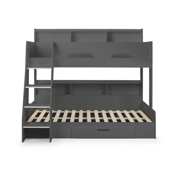 Julian Bowen Orion Triple Sleeper Bunk Bed with Small Double Bed, Storage Shelving & Pull-Out Drawer – White or Anthracite - Sleek Furniture