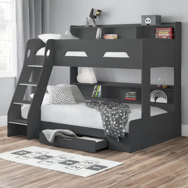 Julian Bowen Orion Triple Sleeper Bunk Bed with Small Double Bed, Storage Shelving & Pull-Out Drawer – White or Anthracite - Sleek Furniture