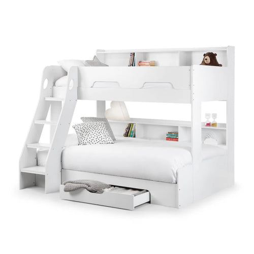 Julian Bowen Orion Triple Sleeper Bunk Bed with Small Double Bed, Storage Shelving & Pull-Out Drawer – White or Anthracite - Sleek Furniture