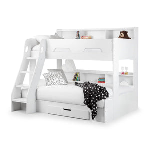 Julian Bowen Orion Triple Sleeper Bunk Bed with Small Double Bed, Storage Shelving & Pull-Out Drawer – White or Anthracite - Sleek Furniture