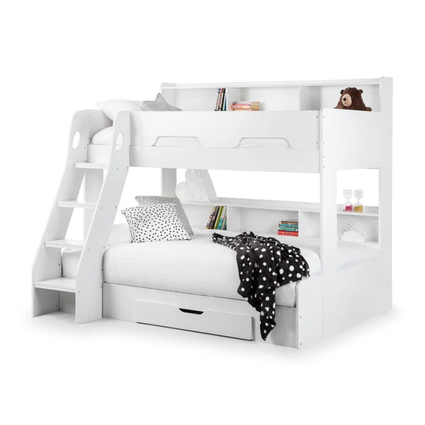 Julian Bowen Orion Triple Sleeper Bunk Bed with Small Double Bed, Storage Shelving & Pull-Out Drawer – White or Anthracite - Sleek Furniture