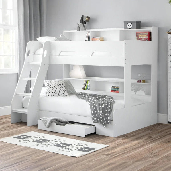 Julian Bowen Orion Triple Sleeper Bunk Bed with Small Double Bed, Storage Shelving & Pull-Out Drawer – White or Anthracite - Sleek Furniture