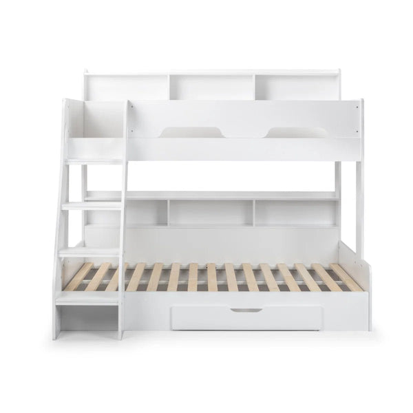 Julian Bowen Orion Triple Sleeper Bunk Bed with Small Double Bed, Storage Shelving & Pull-Out Drawer – White or Anthracite - Sleek Furniture