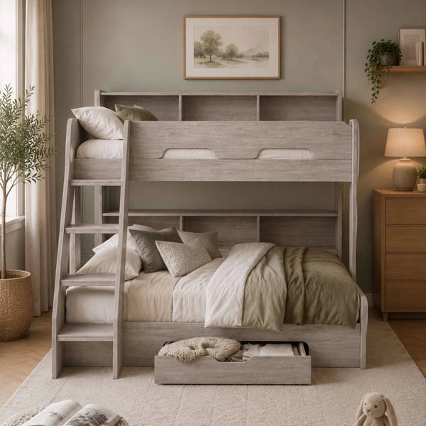 Julian Bowen Orion Triple Sleeper Bunk Bed with Small Double Bed, Storage Shelving & Pull-Out Drawer – White or Anthracite - Sleek Furniture