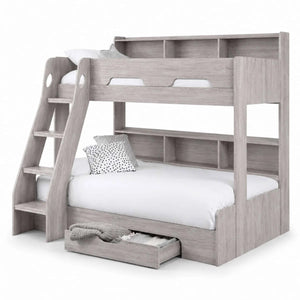 Julian Bowen Orion Triple Sleeper Bunk Bed with Small Double Bed, Storage Shelving & Pull-Out Drawer – White or Anthracite - Sleek Furniture