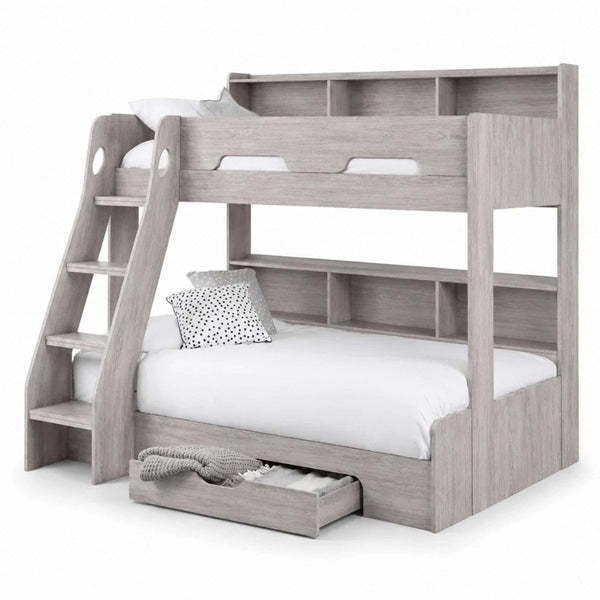 Julian Bowen Orion Triple Sleeper Bunk Bed with Small Double Bed, Storage Shelving & Pull-Out Drawer – White or Anthracite - Sleek Furniture