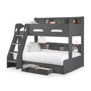 Julian Bowen Orion Triple Sleeper Bunk Bed with Small Double Bed, Storage Shelving & Pull-Out Drawer – White or Anthracite - Sleek Furniture