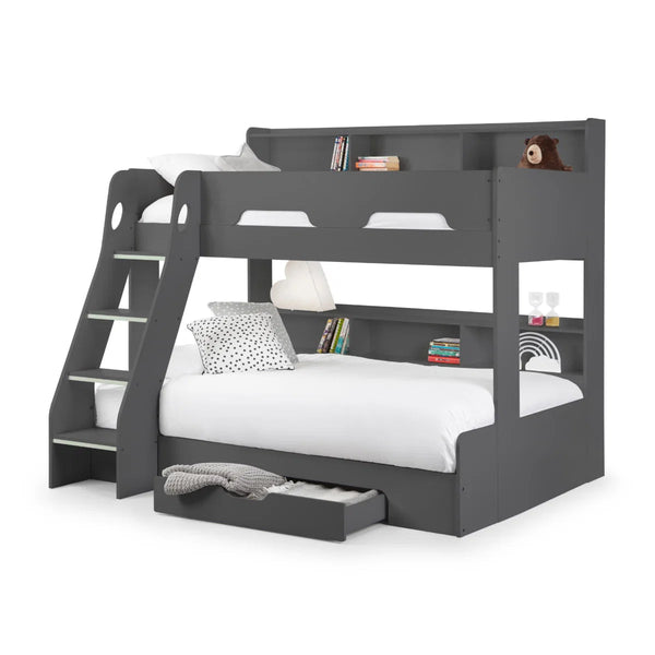 Julian Bowen Orion Triple Sleeper Bunk Bed with Small Double Bed, Storage Shelving & Pull-Out Drawer – White or Anthracite - Sleek Furniture