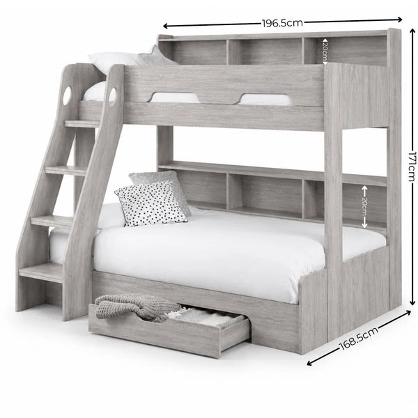 Julian Bowen Orion Triple Sleeper Bunk Bed with Small Double Bed, Storage Shelving & Pull-Out Drawer – White or Anthracite - Sleek Furniture