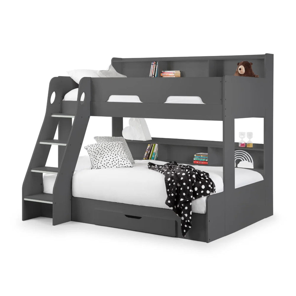 Julian Bowen Orion Triple Sleeper Bunk Bed with Small Double Bed, Storage Shelving & Pull-Out Drawer – White or Anthracite - Sleek Furniture