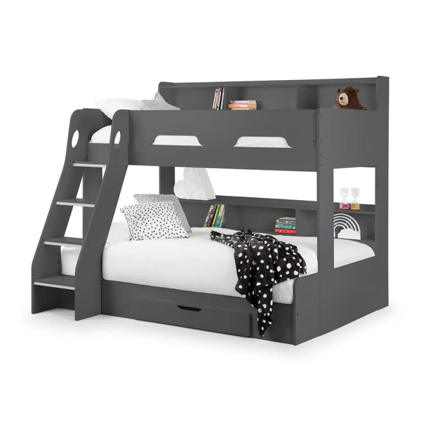 Julian Bowen Orion Triple Sleeper Bunk Bed with Small Double Bed, Storage Shelving & Pull-Out Drawer – White or Anthracite - Sleek Furniture