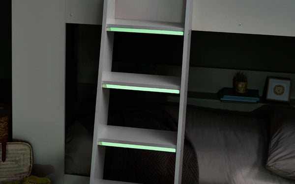 Julian Bowen Parsec White Wooden Bunk Bed with Storage Shelving & Glow-in-the-Dark Ladder Steps - Sleek Furniture