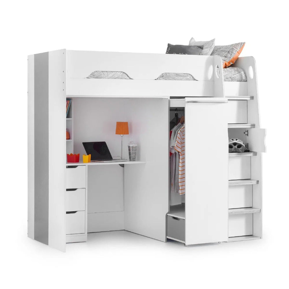 Julian Bowen Pegasus High Sleeper Bed with Pull-Out Wardrobe, Storage Desk & Integrated Ladder Storage - Matt White & Silver Grey - Sleek Furniture