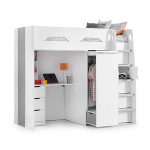 Julian Bowen Pegasus High Sleeper Bed with Pull-Out Wardrobe, Storage Desk & Integrated Ladder Storage - Matt White & Silver Grey - Sleek Furniture