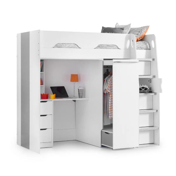 Julian Bowen Pegasus High Sleeper Bed with Pull-Out Wardrobe, Storage Desk & Integrated Ladder Storage - Matt White & Silver Grey - Sleek Furniture