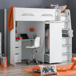 Julian Bowen Pegasus High Sleeper Bed with Pull-Out Wardrobe, Storage Desk & Integrated Ladder Storage - Matt White & Silver Grey - Sleek Furniture
