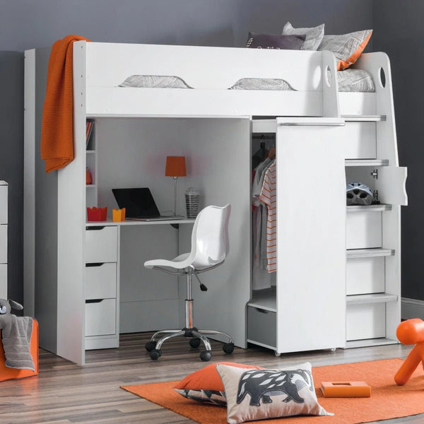 Julian Bowen Pegasus High Sleeper Bed with Pull-Out Wardrobe, Storage Desk & Integrated Ladder Storage - Matt White & Silver Grey - Sleek Furniture