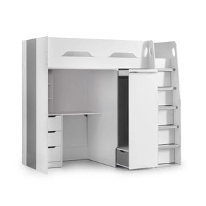Julian Bowen Pegasus High Sleeper Bed with Pull-Out Wardrobe, Storage Desk & Integrated Ladder Storage - Matt White & Silver Grey - Sleek Furniture