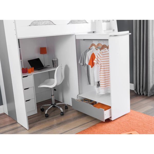 Julian Bowen Pegasus High Sleeper Bed with Pull-Out Wardrobe, Storage Desk & Integrated Ladder Storage - Matt White & Silver Grey - Sleek Furniture