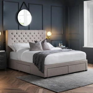 Julian Bowen Wilton Grey Linen Deep Button Upholstered 4 Drawer Storage Bed Frame – Double - Sleek Furniture