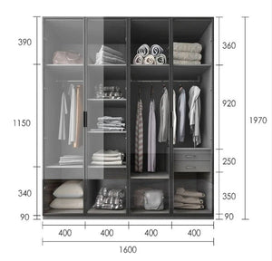 KA9370 Modern Wardrobe – Multi - Size Storage Cabinet with Doors, MDF Wood Frame, Glass & Metal Finish, Contemporary Grey Bedroom Armoire (Flat Pack Assembly Required) - Sleek Furniture