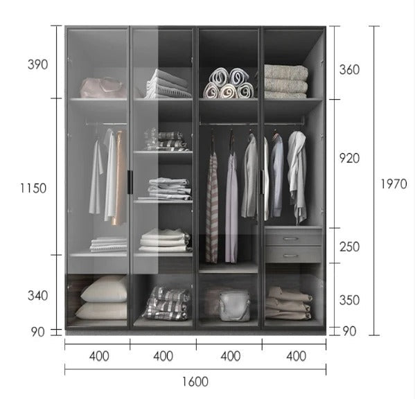 KA9370 Modern Wardrobe – Multi - Size Storage Cabinet with Doors, MDF Wood Frame, Glass & Metal Finish, Contemporary Grey Bedroom Armoire (Flat Pack Assembly Required) - Sleek Furniture