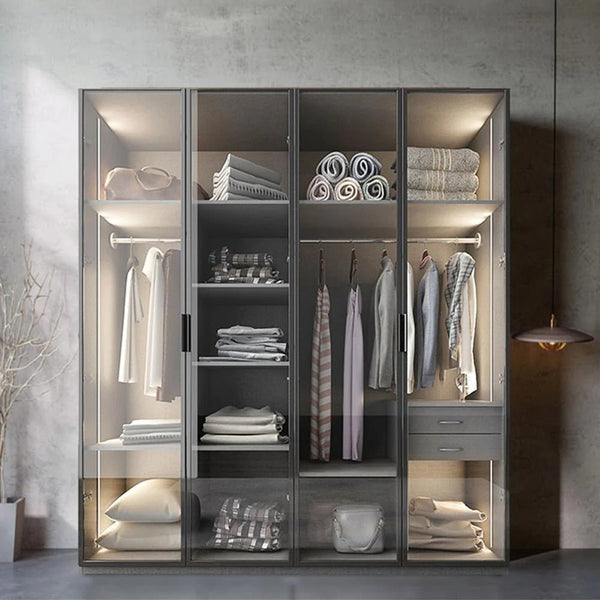 KA9370 Modern Wardrobe – Multi - Size Storage Cabinet with Doors, MDF Wood Frame, Glass & Metal Finish, Contemporary Grey Bedroom Armoire (Flat Pack Assembly Required) - Sleek Furniture