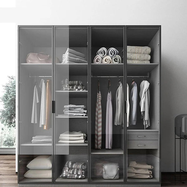 KA9370 Modern Wardrobe – Multi - Size Storage Cabinet with Doors, MDF Wood Frame, Glass & Metal Finish, Contemporary Grey Bedroom Armoire (Flat Pack Assembly Required) - Sleek Furniture