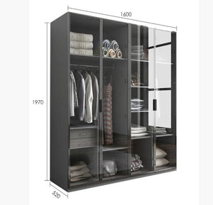 KA9370 Modern Wardrobe – Multi - Size Storage Cabinet with Doors, MDF Wood Frame, Glass & Metal Finish, Contemporary Grey Bedroom Armoire (Flat Pack Assembly Required) - Sleek Furniture