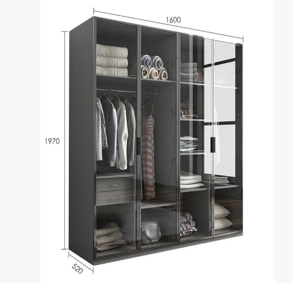 KA9370 Modern Wardrobe – Multi - Size Storage Cabinet with Doors, MDF Wood Frame, Glass & Metal Finish, Contemporary Grey Bedroom Armoire (Flat Pack Assembly Required) - Sleek Furniture