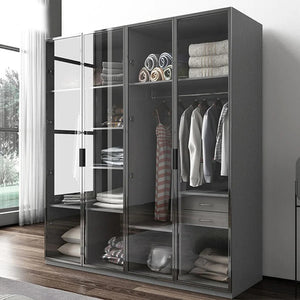 KA9370 Modern Wardrobe – Multi - Size Storage Cabinet with Doors, MDF Wood Frame, Glass & Metal Finish, Contemporary Grey Bedroom Armoire (Flat Pack Assembly Required) - Sleek Furniture
