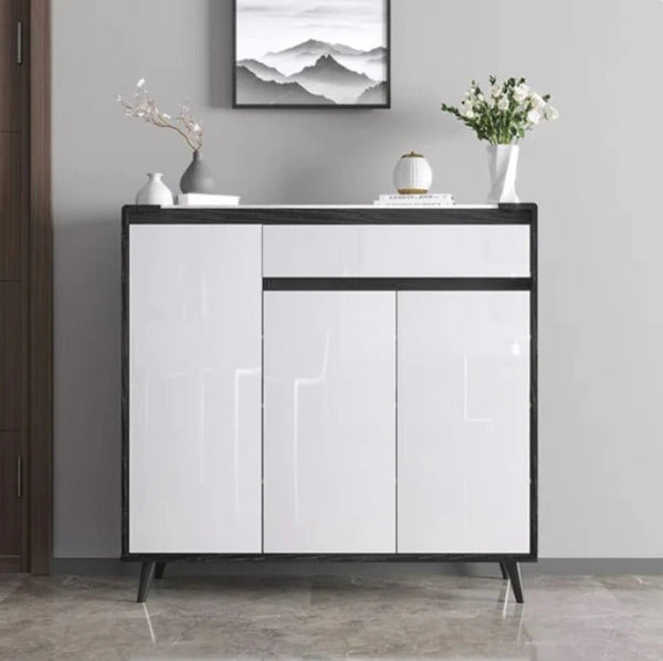Kamen Modern Shoe Storage Cabinet, Wooden MDF Shoe Rack Organizer, Contemporary Entryway Storage Unit – White & Black Finish - Sleek Furniture
