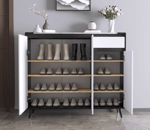 Kamen Modern Shoe Storage Cabinet, Wooden MDF Shoe Rack Organizer, Contemporary Entryway Storage Unit – White & Black Finish - Sleek Furniture