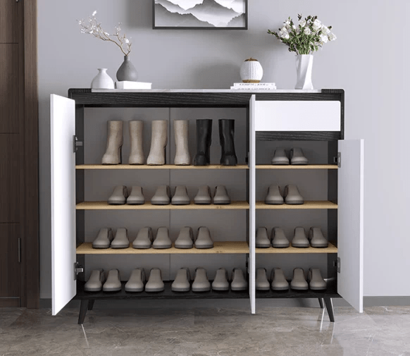 Kamen Modern Shoe Storage Cabinet, Wooden MDF Shoe Rack Organizer, Contemporary Entryway Storage Unit – White & Black Finish - Sleek Furniture