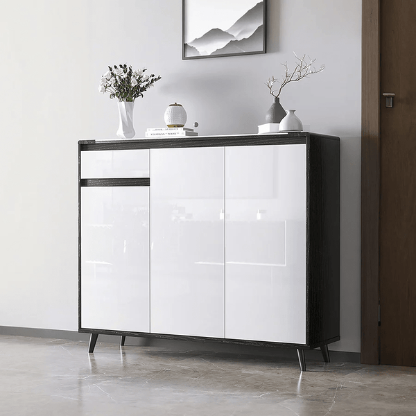 Kamen Modern Shoe Storage Cabinet, Wooden MDF Shoe Rack Organizer, Contemporary Entryway Storage Unit – White & Black Finish - Sleek Furniture