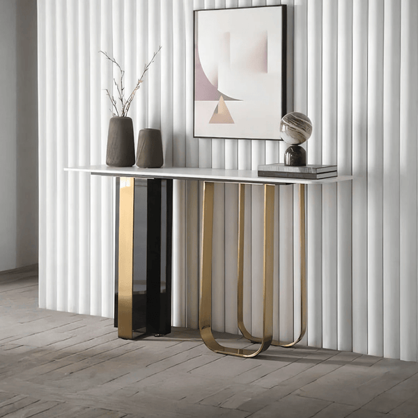 Kave Console Table – Luxury Gold & Black Sintered Stone Hallway Table with Metal Frame | Modern Contemporary Entryway Sofa Table - Sleek Furniture