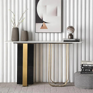 Kave Console Table – Luxury Gold & Black Sintered Stone Hallway Table with Metal Frame | Modern Contemporary Entryway Sofa Table - Sleek Furniture